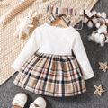 2pcs Baby Girl Plaid Bow Front Spliced Ribbed Long-sleeve Dress with Headband Set Brown image 2