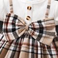 2pcs Baby Girl Plaid Bow Front Spliced Ribbed Long-sleeve Dress with Headband Set Brown image 5