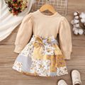 2pcs Toddler Girl Sweet Ribbed Puff-sleeve Tee and Floral Print Belted Skirt Set Apricot image 1