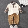 2pcs Toddler Boy Trendy Faux-two Plaid Splice Lapel Collar Tee and Pants Set Creamcolored image 1