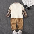 2pcs Toddler Boy Trendy Faux-two Plaid Splice Lapel Collar Tee and Pants Set Creamcolored image 2