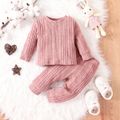 2pcs Baby Boy/Girl Pink Rib Knit Long-sleeve Set Dark Pink image 1