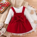 2pcs Baby Girl 95% Cotton Ribbed Long-sleeve Romper and Red Bow Front Overall Dress Set Red image 1