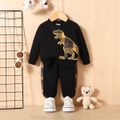 2pcs Baby Boy Plaid Dinosaur Embroidered Black Long-sleeve Sweatshirt and Sweatpants Set Black image 1