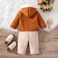 2pcs Baby Boy/Girl Fleece Lined Hooded Zipper Jacket and Corduroy Overalls Set Brown image 3