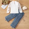 2pcs Toddler Girl Trendy Irregular Cuff Denim Jeans and Mesh Sleeve Tee Set White image 2