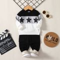 2pcs Baby Boy/Girl Star Print Long-sleeve Colorblock Sweatshirt and Solid Sweatpants Set Black image 1