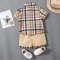 2pcs ToddlerBoy Classic Lapel Collar Plaid Shirt and Cotton Shorts Set Khaki image 2