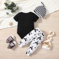 3pcs Baby Boy Letter Graphic Short-sleeve Romper and Allover Cactus Print Pants & Striped Hat Set Black image 2