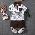 2pcs Toddler Boy Playful Animal Print Polo Collar Tee and Shorts Set Brown image 1