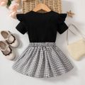 2pcs Toddler Girl Sweet Letter Print Ribbed Tee and Plaid Pleated Skirt Set Black image 2