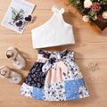 3pcs Toddler Girl Trendy Bowknot Design One Shoulder Tee Floral Print Skirt & Belt Set White image 1