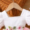Baby Girl 95% Cotton Ribbed Square Neck Puff-sleeve Spliced Floral Embroidered Mesh Dress Pink image 3