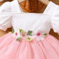 Baby Girl 95% Cotton Ribbed Square Neck Puff-sleeve Spliced Floral Embroidered Mesh Dress Pink image 4