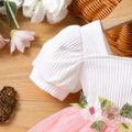 Baby Girl 95% Cotton Ribbed Square Neck Puff-sleeve Spliced Floral Embroidered Mesh Dress Pink image 5