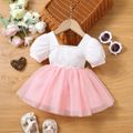 Baby Girl 95% Cotton Ribbed Square Neck Puff-sleeve Spliced Floral Embroidered Mesh Dress Pink image 2