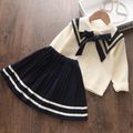 3pcs Toddler Girl Preppy style Bowknot Design Knitwear Sailor Shawl and Pleated Skirt Set OffWhite image 1