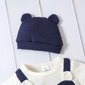 2pcs Baby Boy/Girl Waffle Faux-two Cartoon Bear Print 3D Ears Short-sleeve Romper with Hat Set Dark Blue image 3