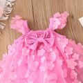 Baby Girl 95% Cotton Flutter-sleeve Bow Front Allover 3D Floral Appliques Mesh Romper Light Pink image 3