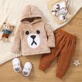 2pcs Baby Boy/Girl Bear Embroidered Long-sleeve Fuzzy Hoodie and Sweatpants Set Brown image 1