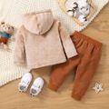 2pcs Baby Boy/Girl Bear Embroidered Long-sleeve Fuzzy Hoodie and Sweatpants Set Brown image 2