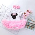 2pcs Applique Decor Mesh Layered Short-sleeve White or Pink or Grey Baby Romper with Headband Set White