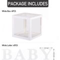 Caixas de chá de bebê de 3/4 caixas para decoração de festa caixas de balões transparentes com letras blocos transparentes individuais para chás de panela de revelação de gênero Branco