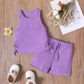 2pcs Toddler Girl Solid Color Drawstring Design Ribbed Tank Top and Elasticized Shorts Set Purple