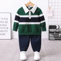 2pcs Toddler Boy Preppy style Stripe Polo Sweatshirt and Pants Set Green image 1