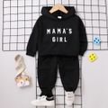 2pcs Toddler Girl Letter Print Luminous Black Hoodie Sweatshirt and Pants Set Black image 1