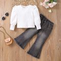 2pcs Toddler Girl Sweet Flared 100% Cotton Denim Jeans and Puff-sleeve Tee Set White image 1