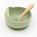 2Pcs Baby Silicone Suction Bowl and Spoon with Wood Handle Baby Toddler Tableware Dishes Self-Feeding Utensils Set for Self-Training Pale Green image 1