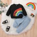 2pcs Baby Boy Long-sleeve Rainbow Print Sweatshirt and Ripped Jeans Set Black