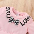 2pcs Baby Girl Bow Front Plaid Hem Faux-two Long-sleeve Letter Print Sweatshirt and Jeans Set Pink image 3
