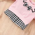 2pcs Baby Girl Bow Front Plaid Hem Faux-two Long-sleeve Letter Print Sweatshirt and Jeans Set Pink image 4