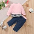 2pcs Baby Girl Bow Front Plaid Hem Faux-two Long-sleeve Letter Print Sweatshirt and Jeans Set Pink image 2