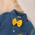Baby Boy/Girl Bow Tie Decor Rainbow Embroidered Long-sleeve Denim Jumpsuit Blue image 3