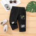 Baby Boy Straight-fit Letter Embroidered Ripped Jeans Black image 1