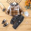 2pcs Baby Boy Long-sleeve Hooded Plaid Jacket and Ripped Jeans Set Brown image 1