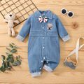 Baby Boy Bow Tie Decor Bear Embroidered Long-sleeve Denim Jumpsuit Blue image 1