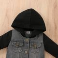 Baby Boy Denim Spliced Hooded Long-sleeve Button Front Jumpsuit Black