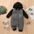 Baby Boy Denim Spliced Hooded Long-sleeve Button Front Jumpsuit Black image 1