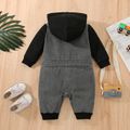 Baby Boy Denim Spliced Hooded Long-sleeve Button Front Jumpsuit Black image 2