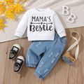 2pcs Baby Girl Letter Print Long-sleeve Sweatshirt and Ripped Jeans Set Blue image 1