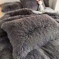3 Piece Solid Plush Bedding Set 1 Fuzzy Fleece Duvet Cover & 2 Pillow Cases Dark Grey image 3