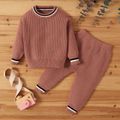 100% Cotton 2pcs Solid Stripe Decor Knitted Long-sleeve Baby Set Apricot image 1