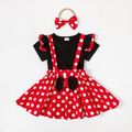 3pcs Baby Girl 95% Cotton Ruffle Short-sleeve Top and Polka Dots Bowknot Suspender Skirt with Headband Set Black/White/Red image 1