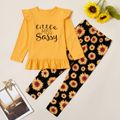 2-piece Kid Girl Letter Print Ruffled Long-sleeves Tee and Sunflower Allover Print Pants Set Yellow image 1