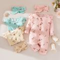 2pcs Baby Girl 95% Cotton Long-sleeve Floral Print Ruffle Button Up Waffle Jumpsuit with Headband Set Pink image 4