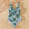 Coconut Tree and Flamingo Print Ruffled V Neck One-piece Family Matching Swimsuits Turquoise